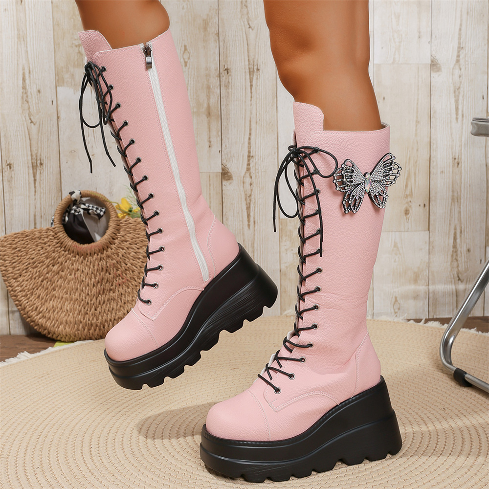 Women'S Shoes Y2K - Bottes hautes Y2K roses à motif