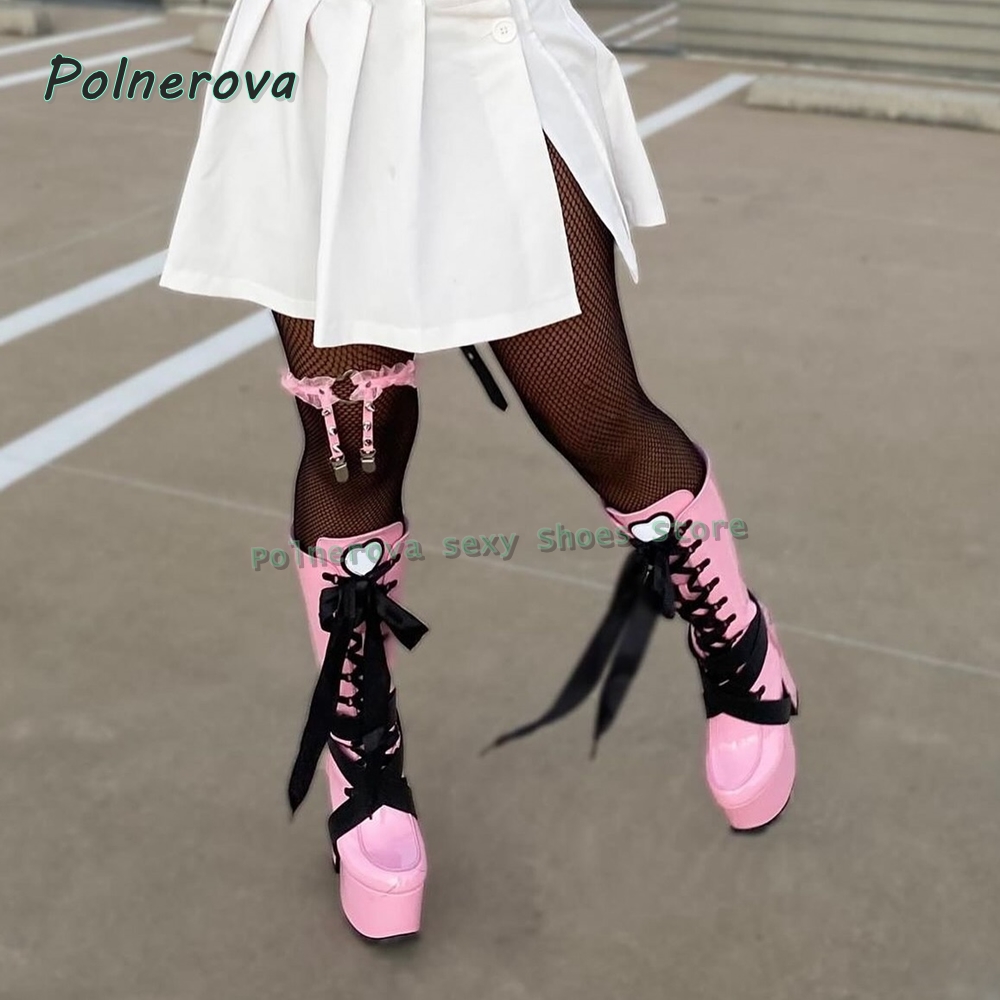 Women'S Shoes Y2K - Bottes hautes roses à plateforme pour